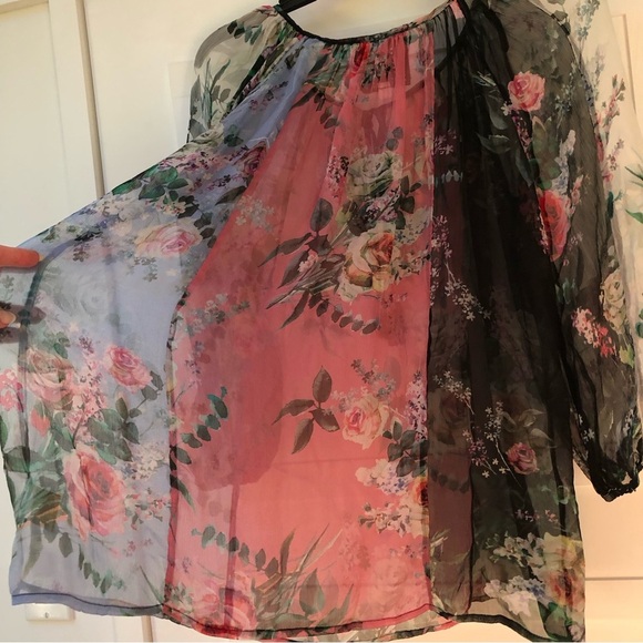 Johnny Was silk floral blouse pink black and light blue sheer tassel neck S - Picture 7 of 8